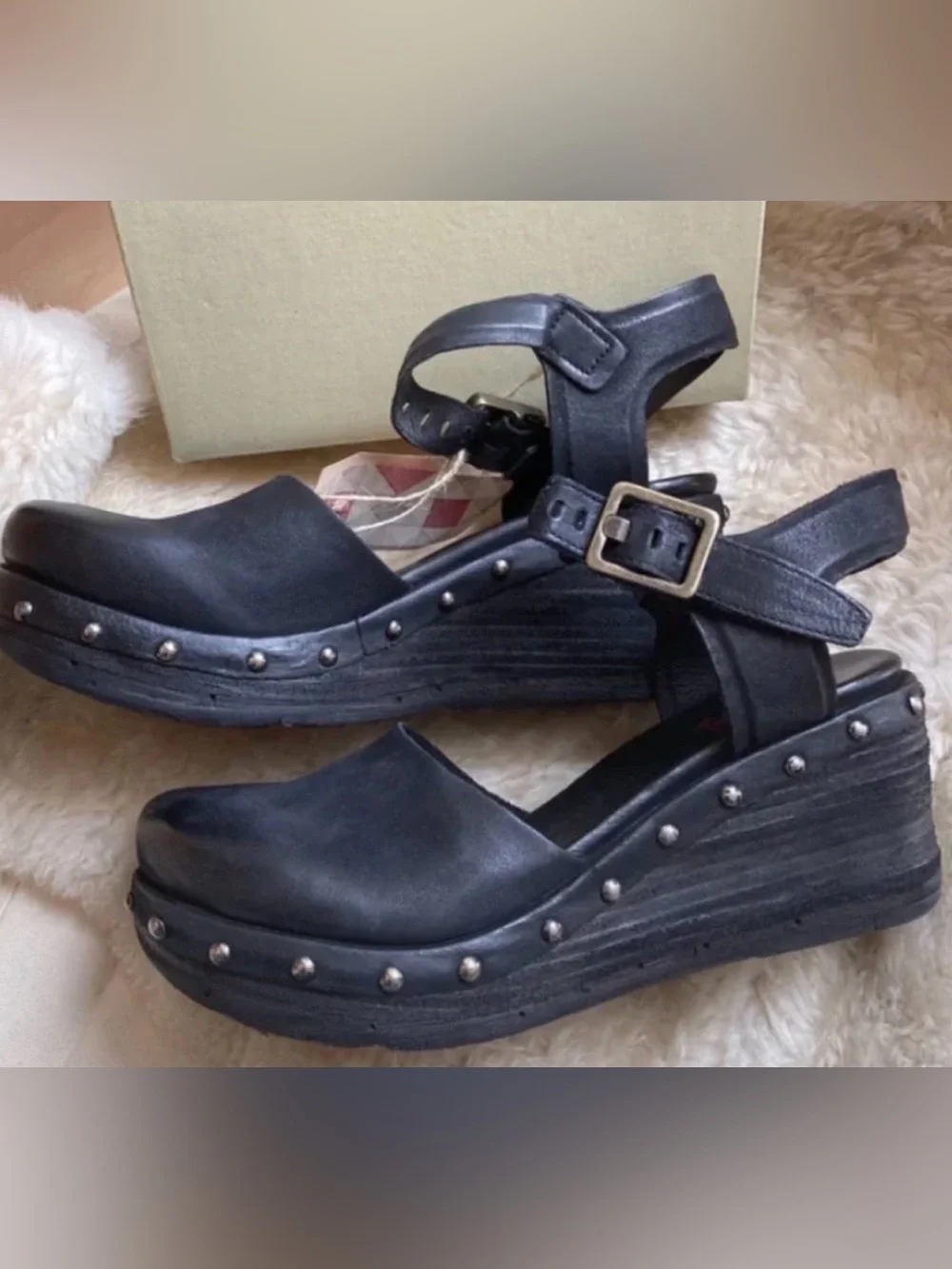 A.S.98 Pietro Black Studded Wedge Mary Jane Shoes - Women size 39